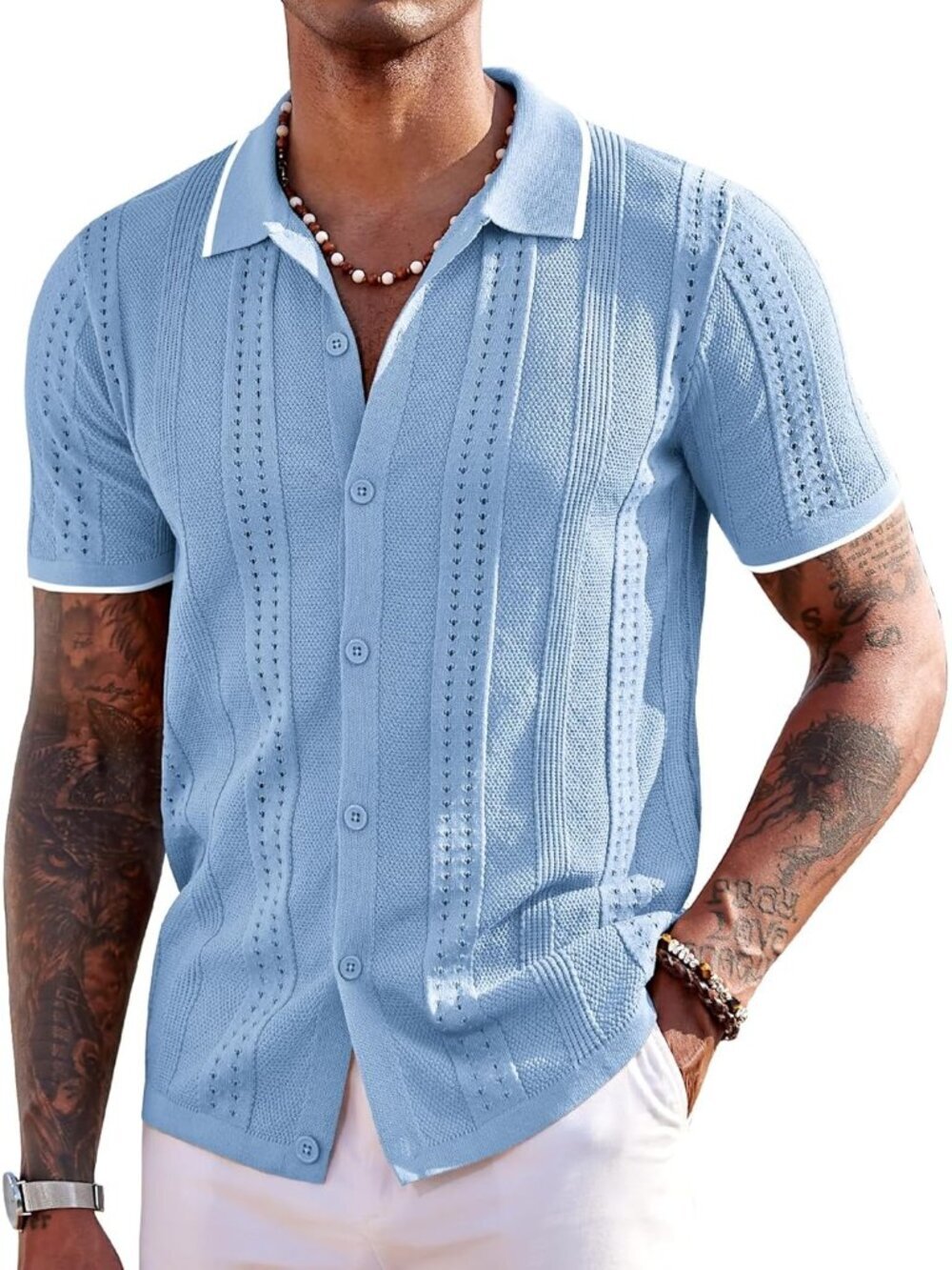 Men's Blue & White Knit Short Sleeve Button Down Polo Casual Summer Beach Shirt